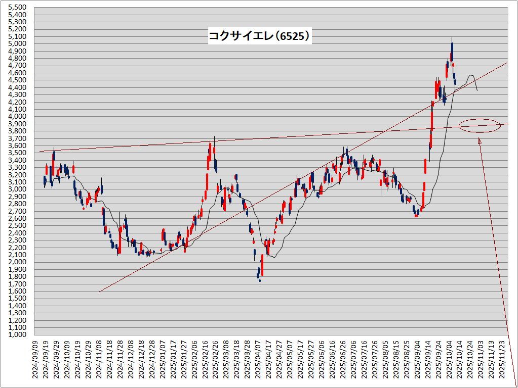 図1:「コクサイ/KOKUSAI(6525)」の中期値動きと狙い値予測  図2:「コクサイ」の週間値動き